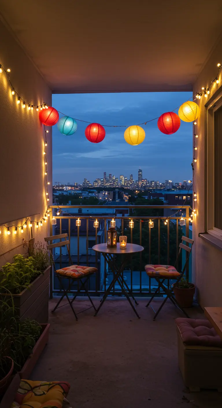 Balcon urbain étroit illuminé par des lampions colorés et des guirlandes lumineuses, vue sur la ville.