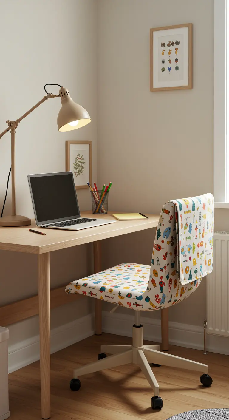 Bureau d'enfant en bois clair avec une chaise à roulettes recouverte d'un tissu à motifs.