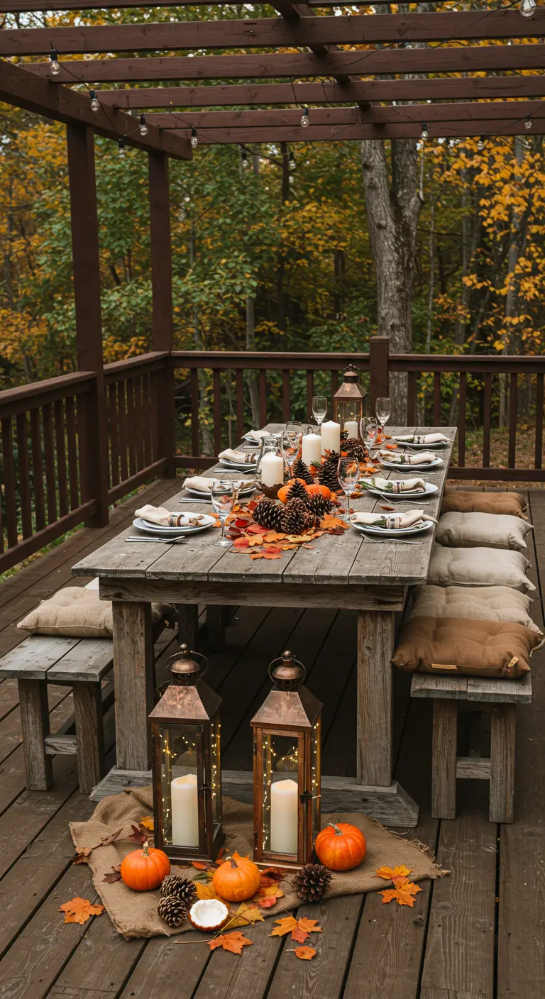 Table de salle à manger rustique dressée sur une terrasse en automne.