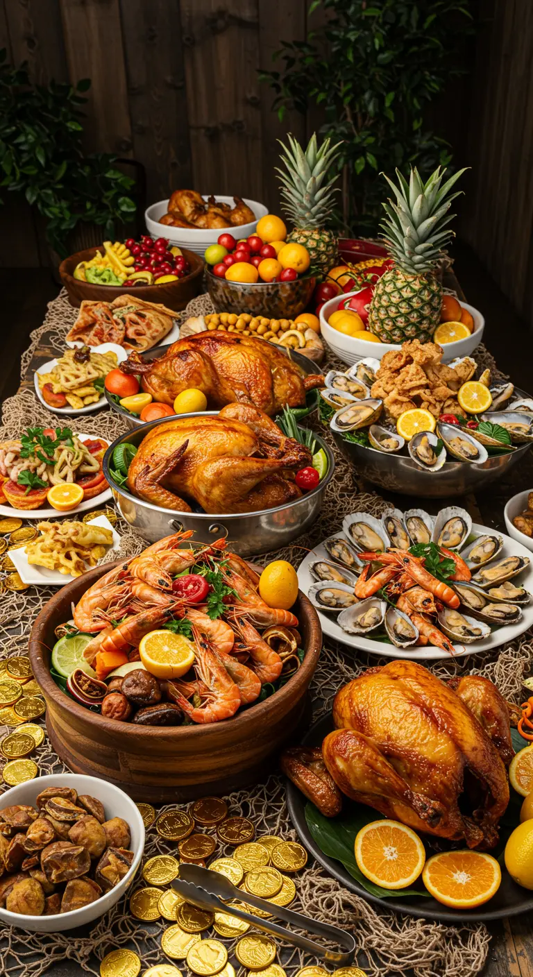 Table de banquet pirate chargée de poulets rôtis, de fruits de mer et de pièces d'or.