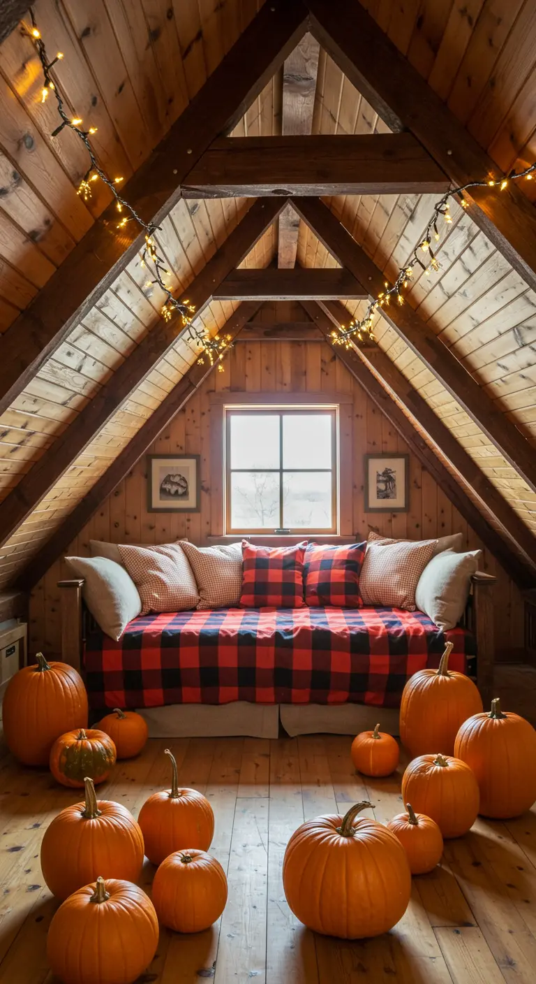 Chambre sous les toits avec poutres en bois, plaid à carreaux et citrouilles