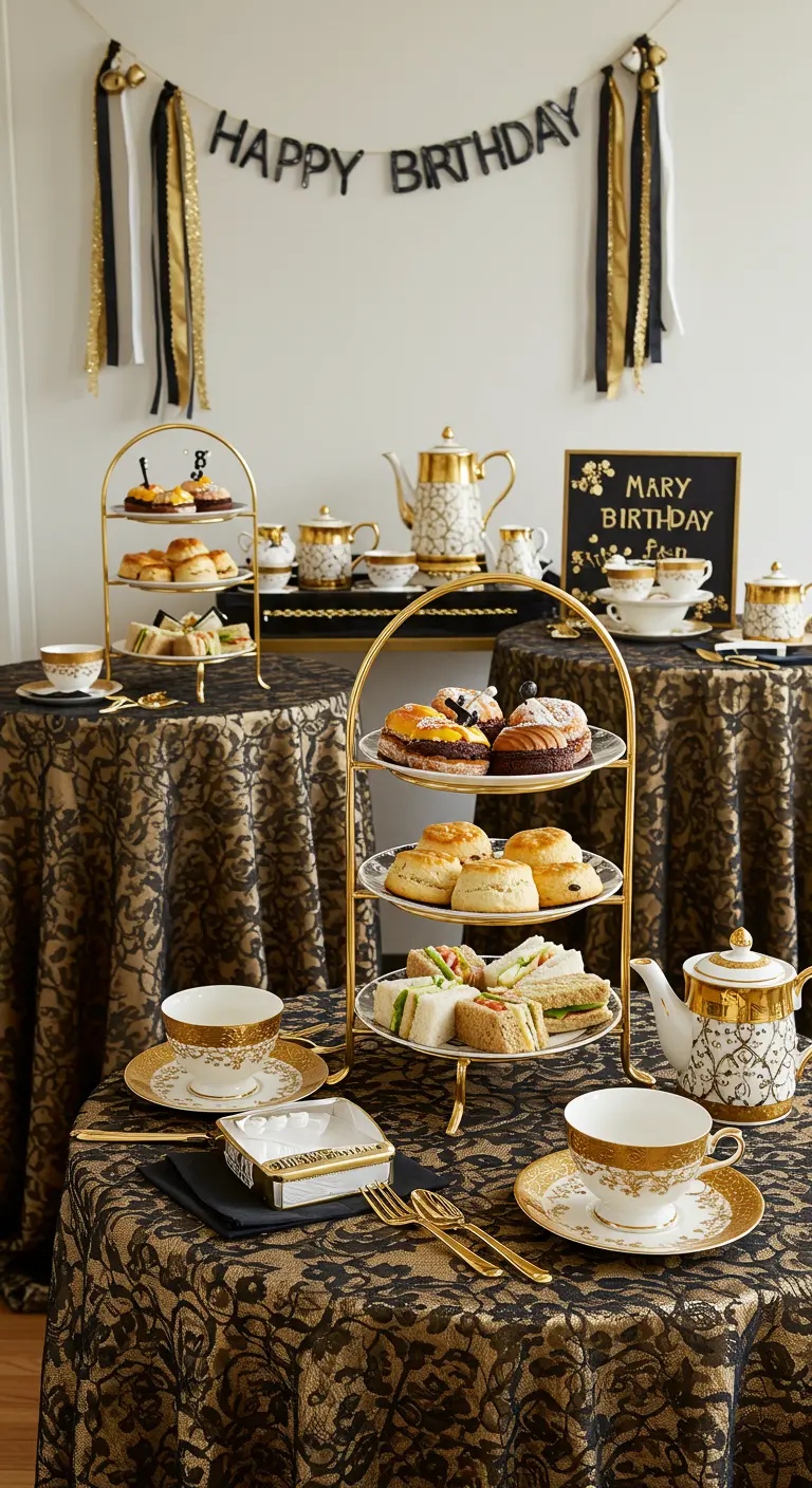 Tables dressées pour un thé d'après-midi chic avec vaisselle dorée.