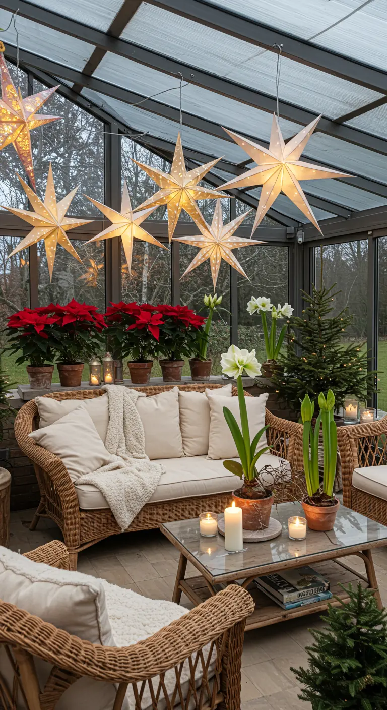 Véranda décorée pour Noël avec des étoiles en papier et des poinsettias.