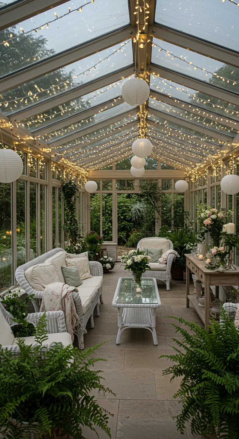 Véranda en verre remplie de plantes, éclairée par des guirlandes lumineuses et des lampions blancs.