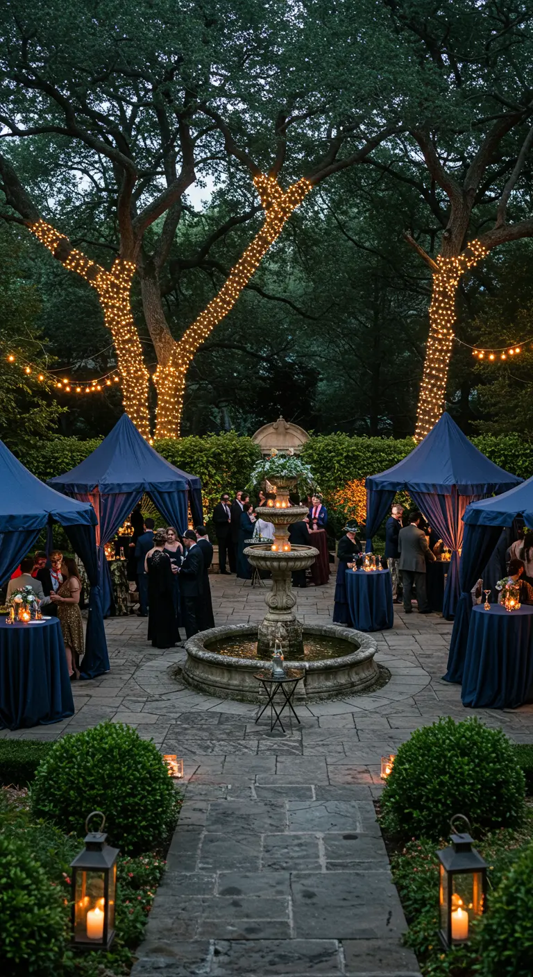 Jardin la nuit avec des arbres illuminés et des tentes bleues pour les invités.