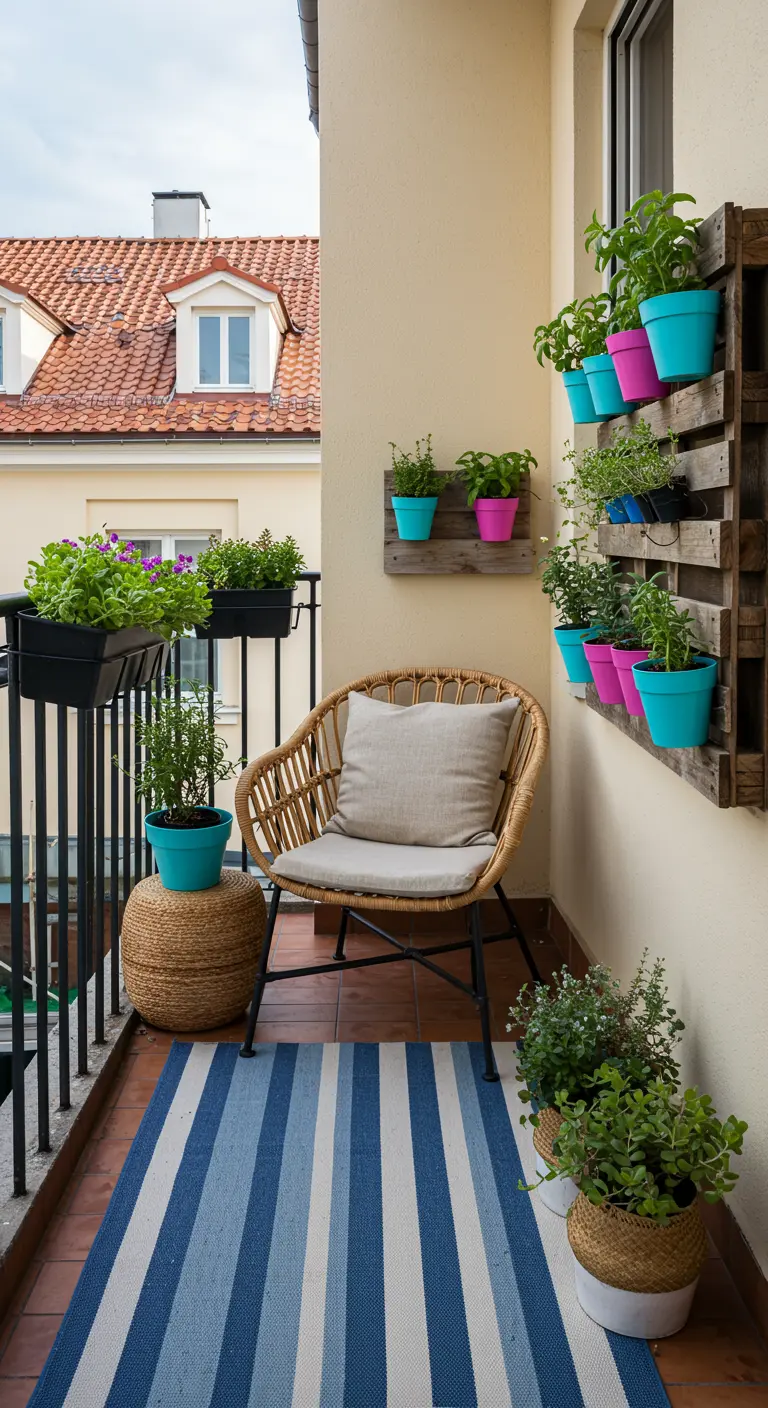 Balcon avec fauteuil en rotin, tapis rayé bleu et un jardin vertical en palette.