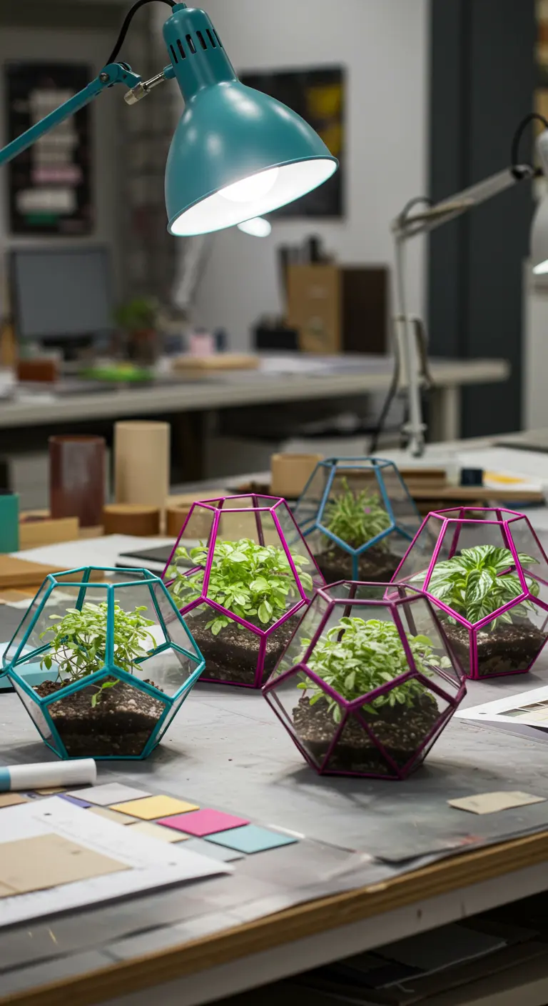 Cinq terrariums géométriques aux armatures rose fuchsia et turquoise avec des petites plantes vertes.