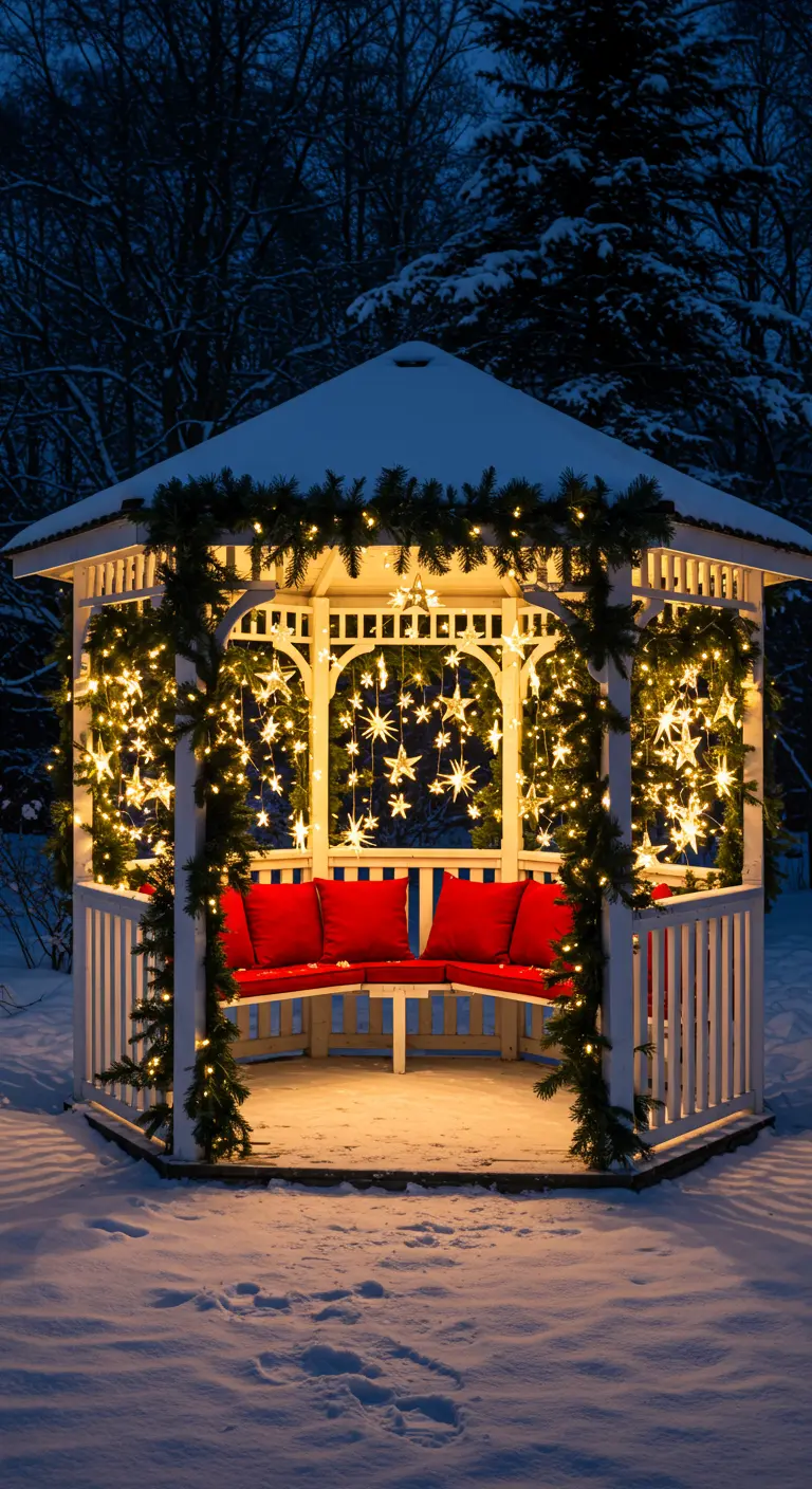 Kiosque de jardin enneigé illuminé de guirlandes et d'étoiles, avec des coussins rouges.