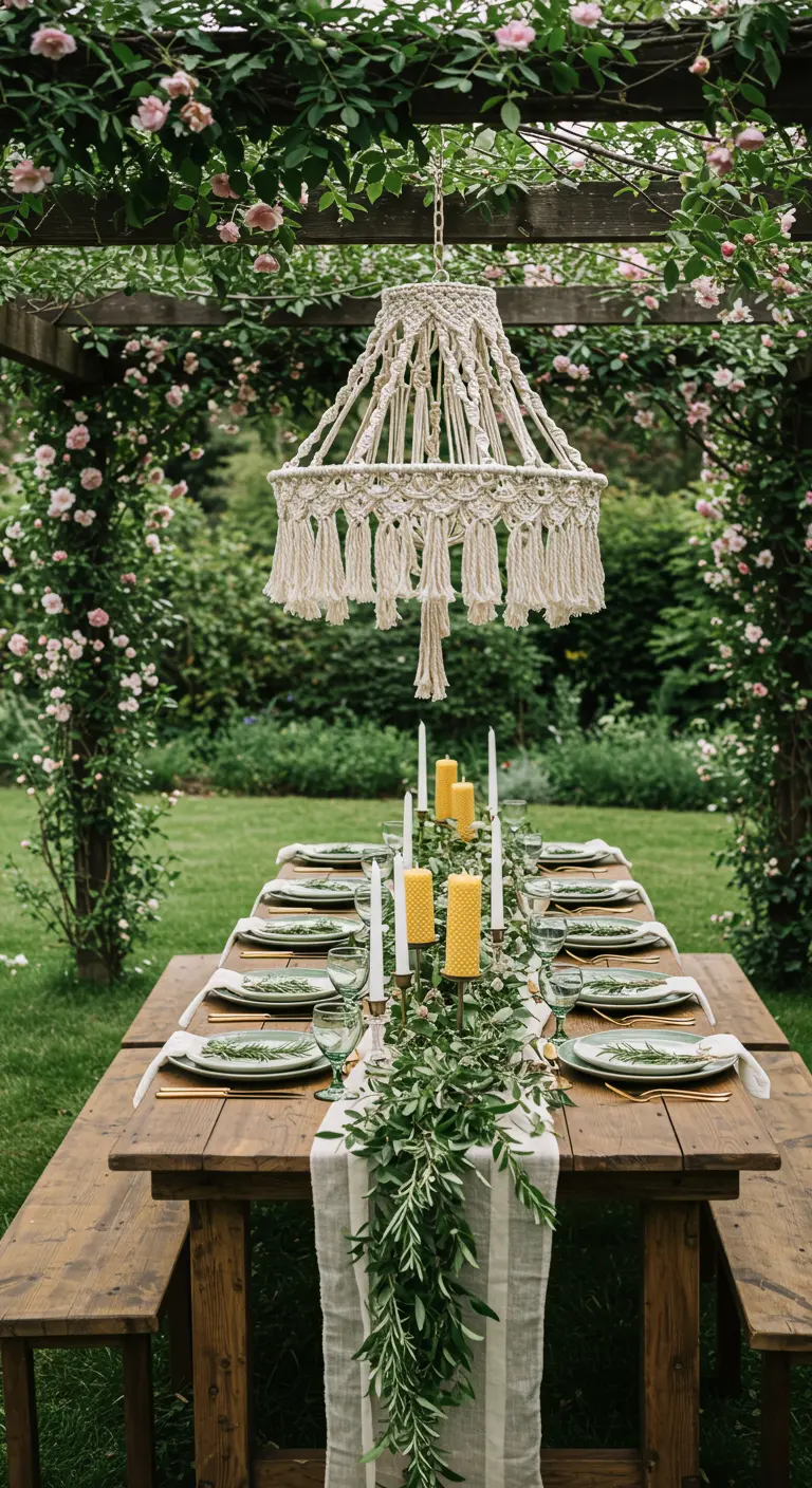 Table en bois dans un jardin, surmontée d'un lustre en macramé et de bougies.
