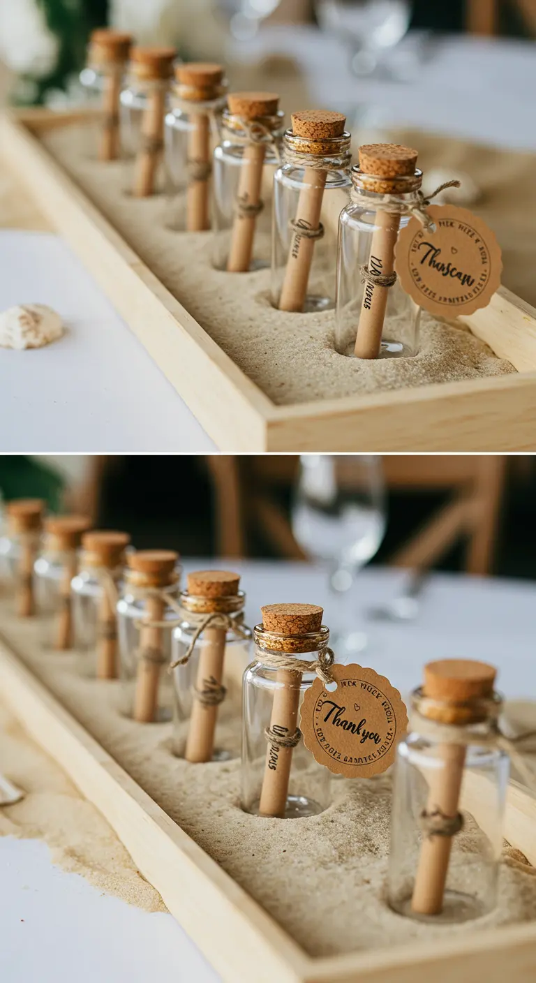 Petites bouteilles avec des messages roulés, plantées dans du sable.