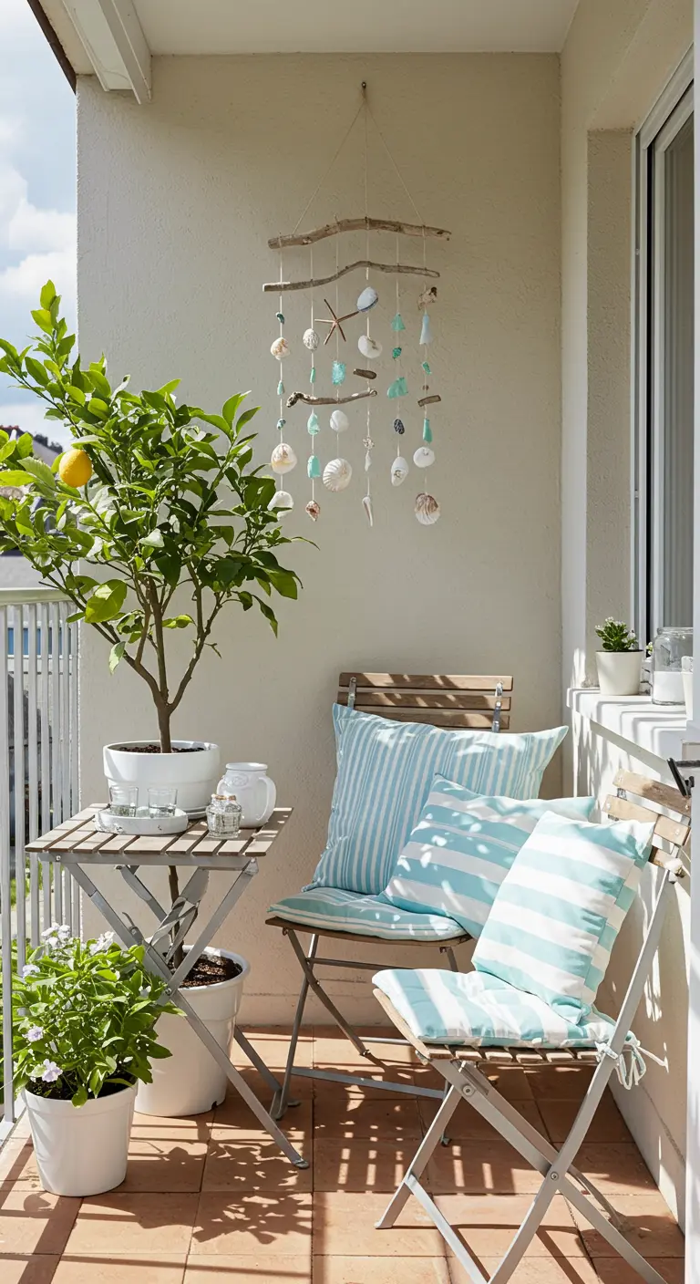 Balcon avec table et chaises pliantes, citronnier et un mobile suspendu fait de bois flotté et de coquillages.