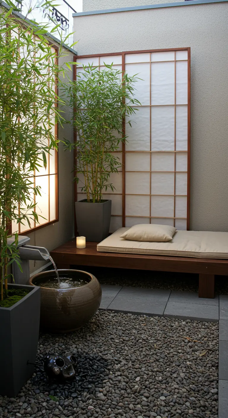 Espace de méditation zen avec paravent japonais, bambou et fontaine.