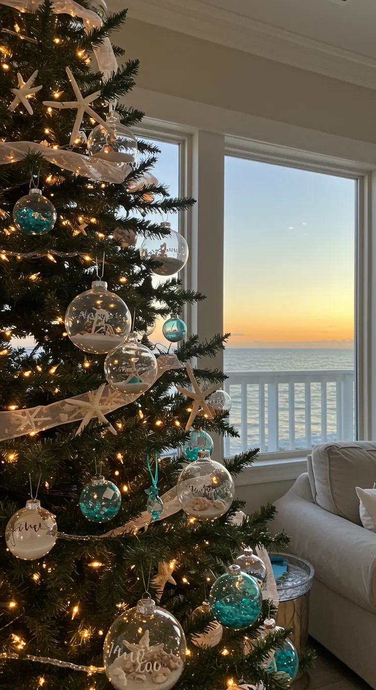Sapin de Noël décoré sur le thème de la plage avec vue sur l'océan.