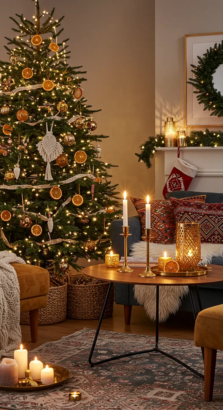 Sapin de Noël décoré avec des ornements en macramé et des oranges séchées, ambiance cosy.