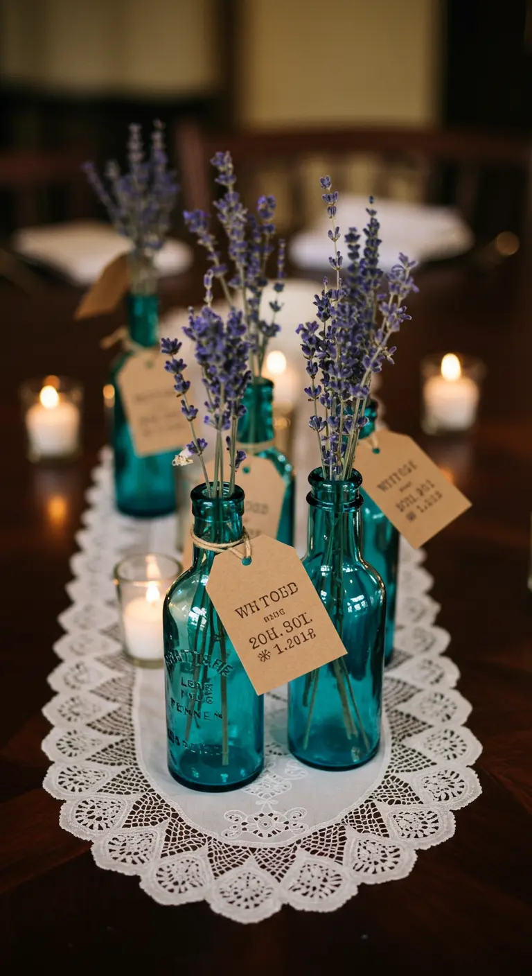 Bouteilles turquoise avec de la lavande sur un napperon en dentelle.