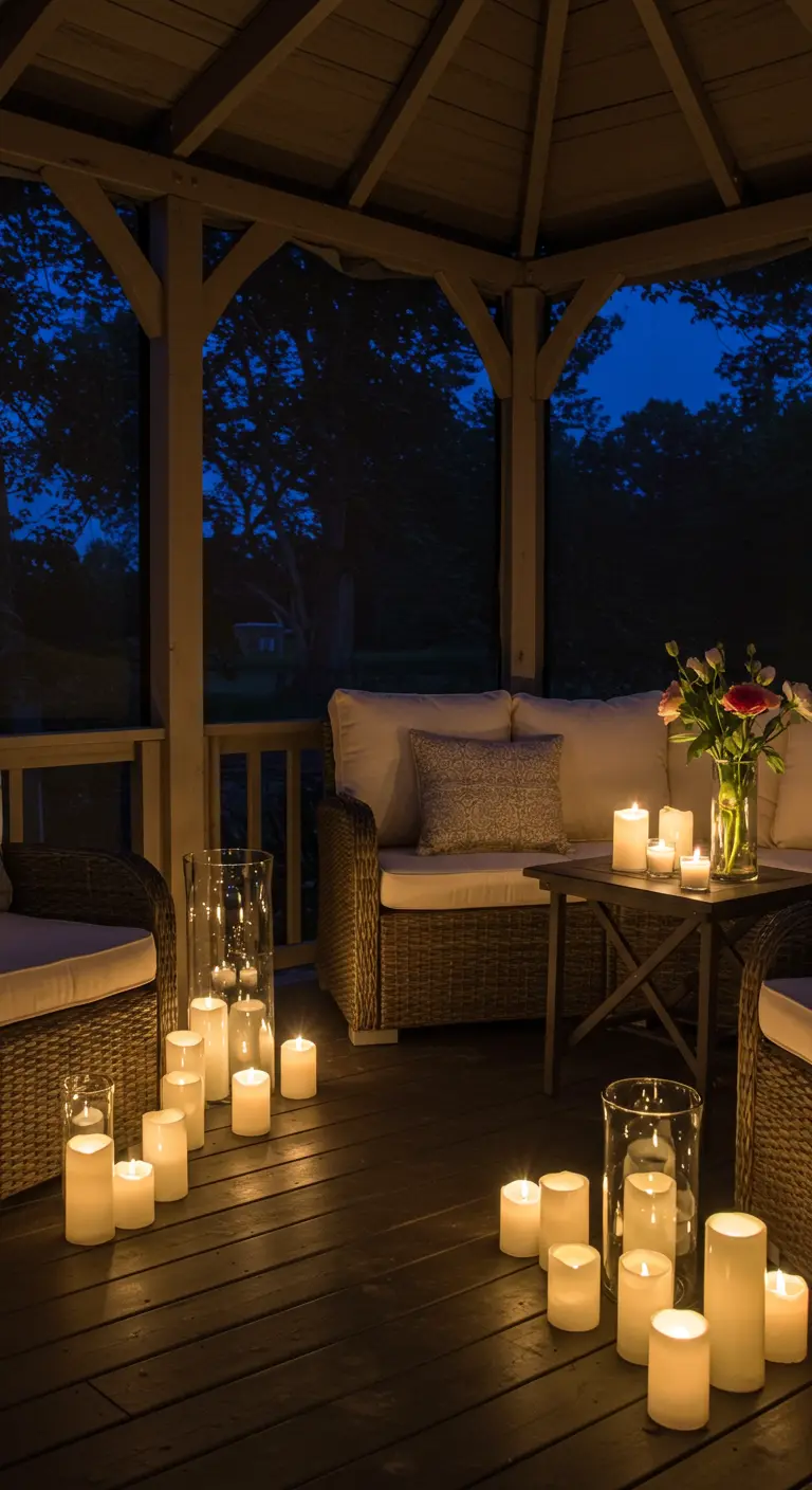 Sol d'un kiosque de jardin éclairé par de nombreuses bougies piliers LED de différentes tailles.