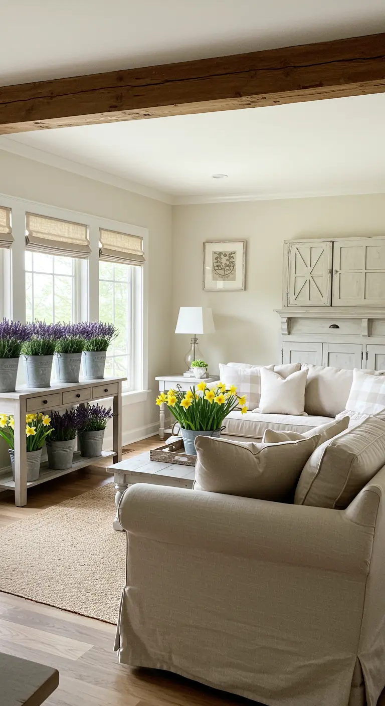 Salon de style campagne avec des pots de lavande et de jonquilles alignés sur une console