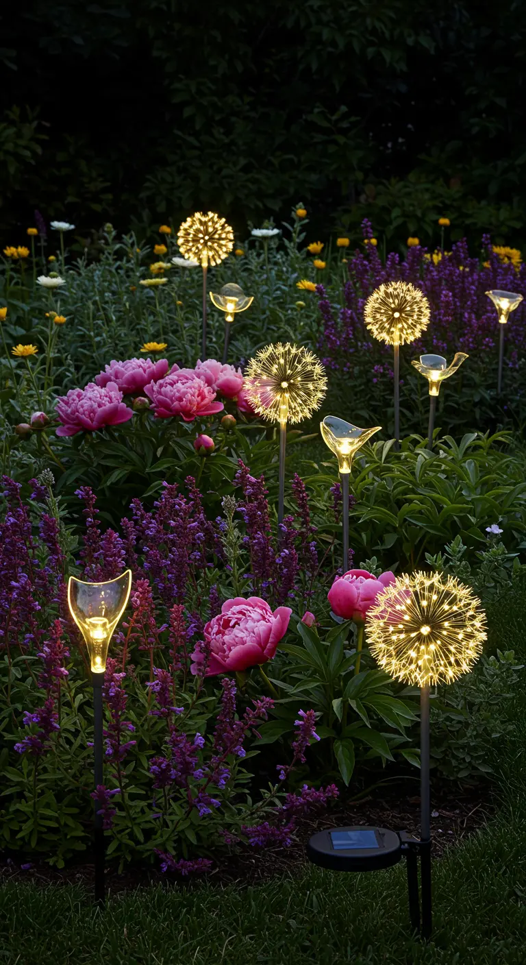 Des lumières solaires en forme de pissenlit et d'oiseau brillent dans un parterre de pivoines et de lavande.