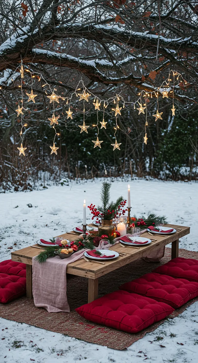 Table basse dressée pour un repas dans la neige, avec des coussins de sol rouges.