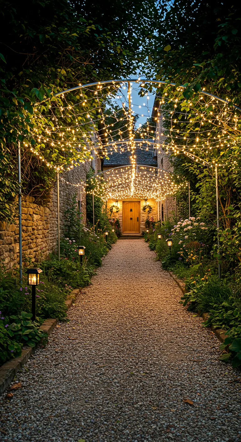 Allée de gravier bordée de verdure, surmontée d'une arche de guirlandes lumineuses.