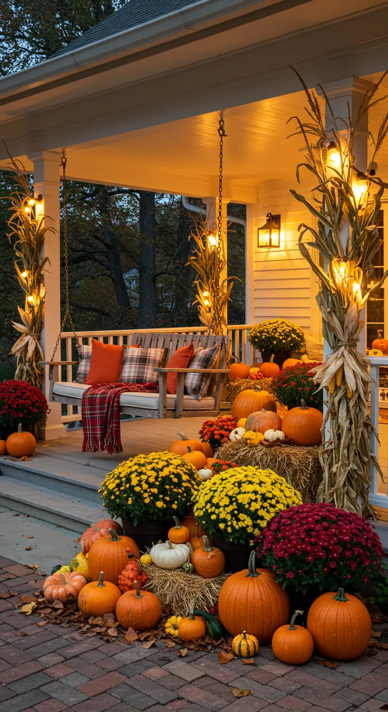 Porche de maison décoré pour l'automne avec citrouilles et chrysanthèmes