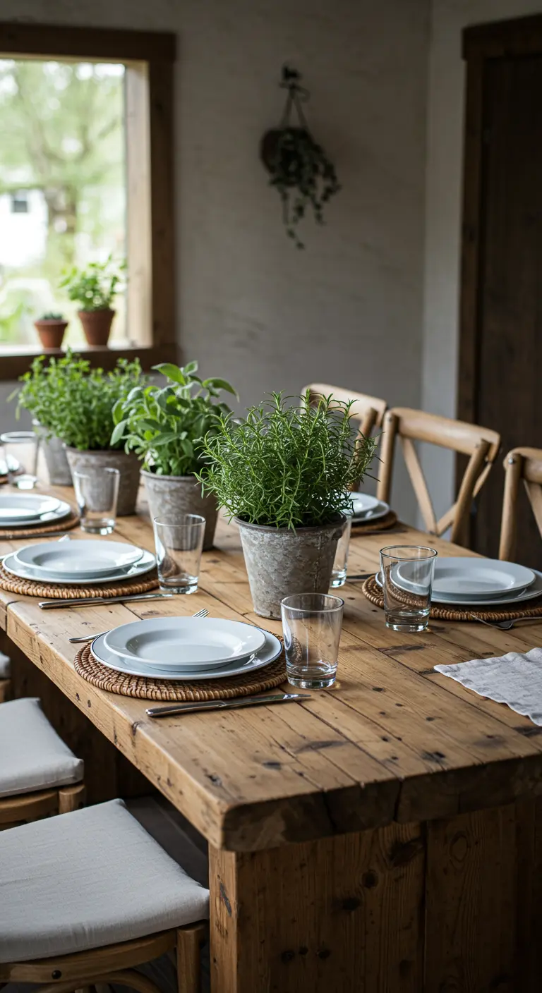 Table de ferme en bois rustique avec des pots d'herbes aromatiques comme centre de table.