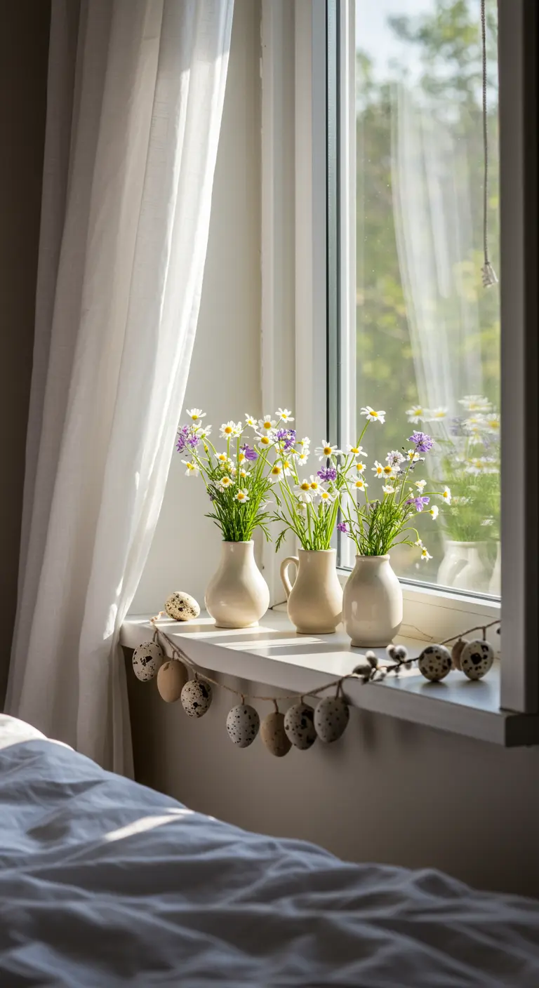 Rebord de fenêtre de chambre avec petits vases de fleurs et guirlande d'œufs tachetés.