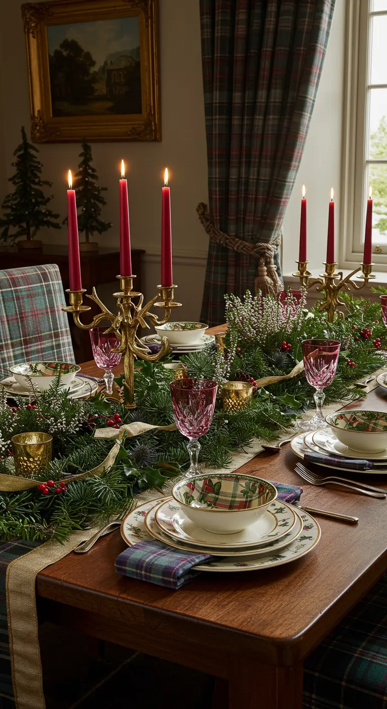 Table de Noël traditionnelle avec du tartan, des bougies rouges et un décor de bruyère.