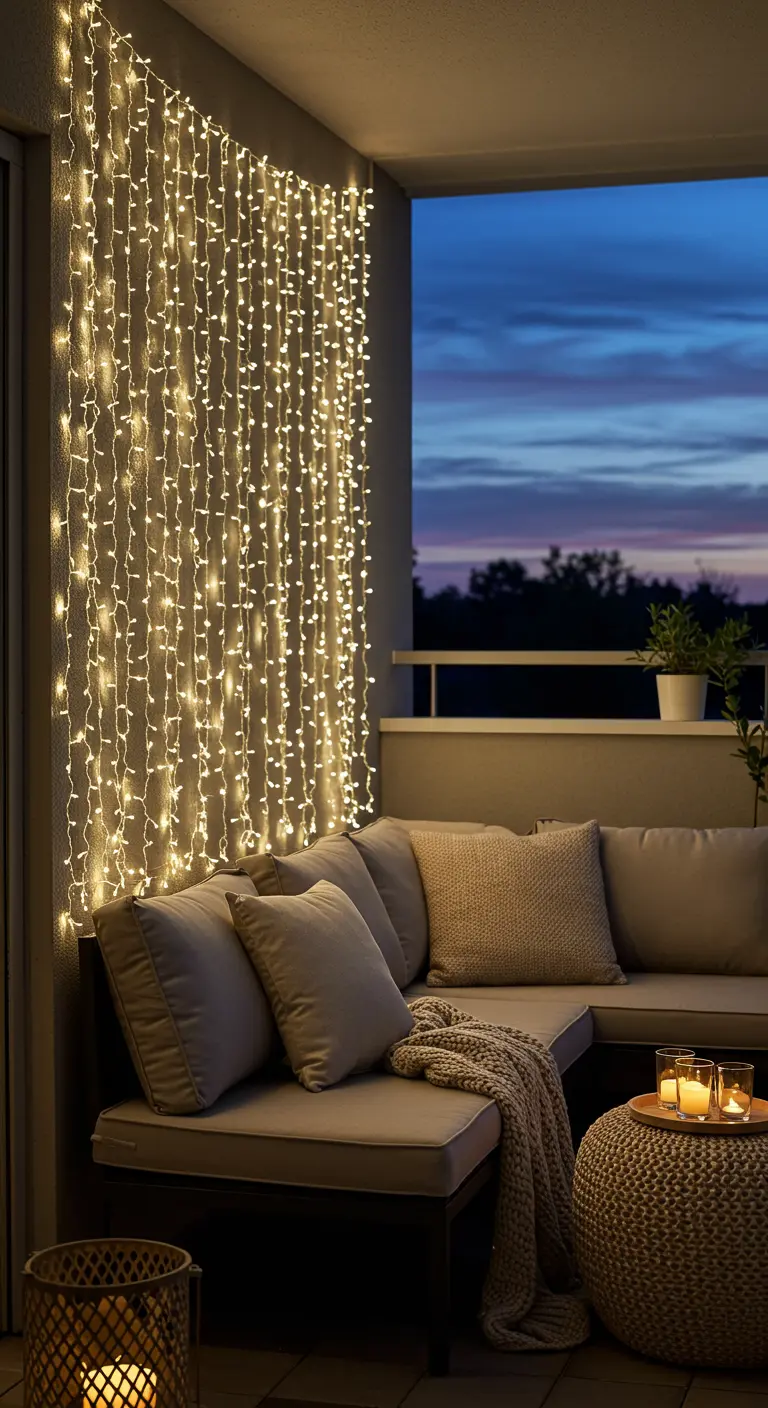 Rideau de lumières LED verticales accroché au mur d'un balcon derrière un canapé.