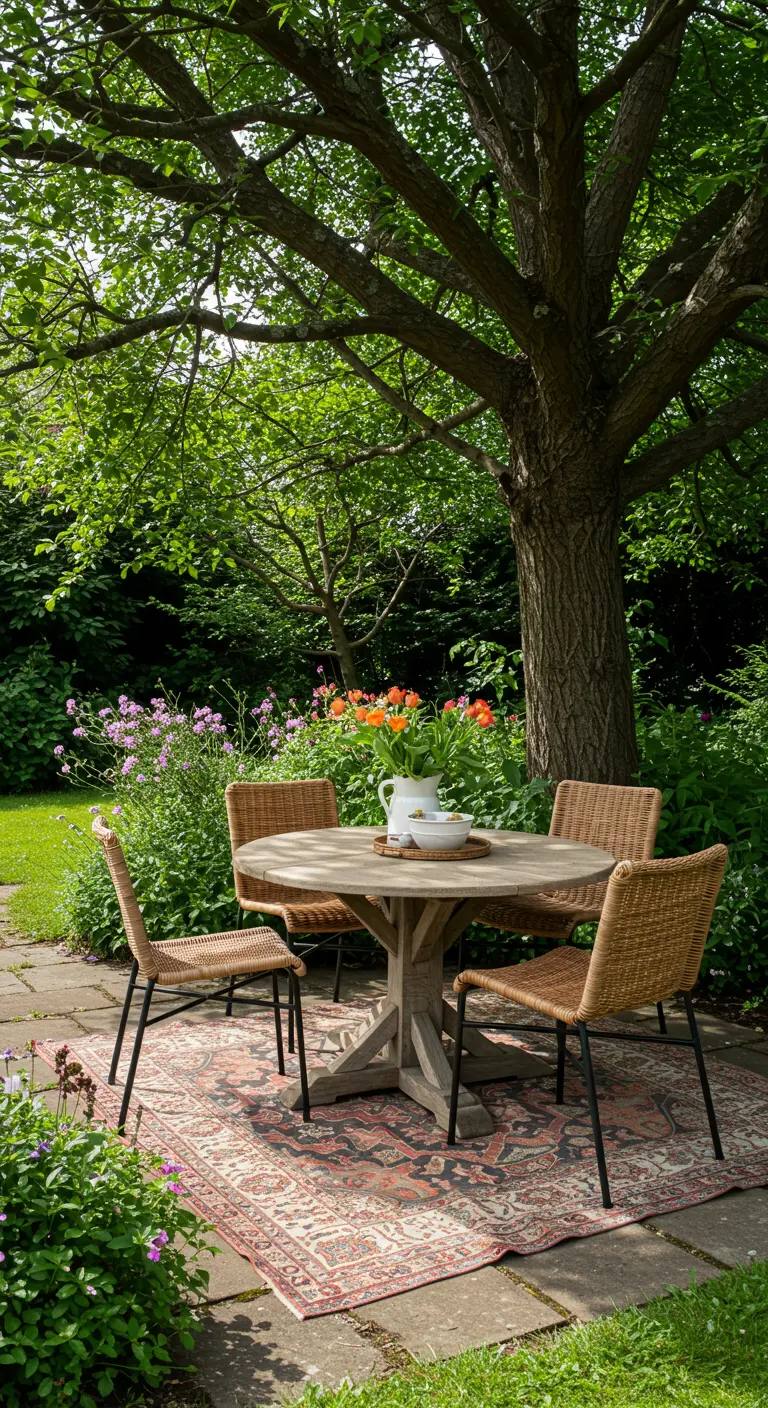 Table ronde en bois et chaises en rotin posées sur un tapis oriental sous un grand arbre.