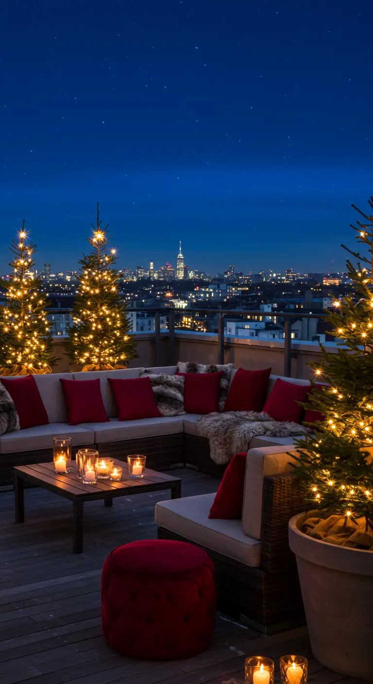 Toit-terrasse avec canapé, coussins rouges, et sapins de Noël illuminés.
