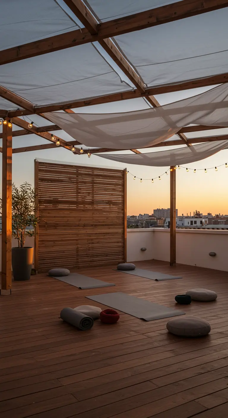 Rooftop aménagé en espace de yoga avec une pergola en bois et des voiles blancs drapés.