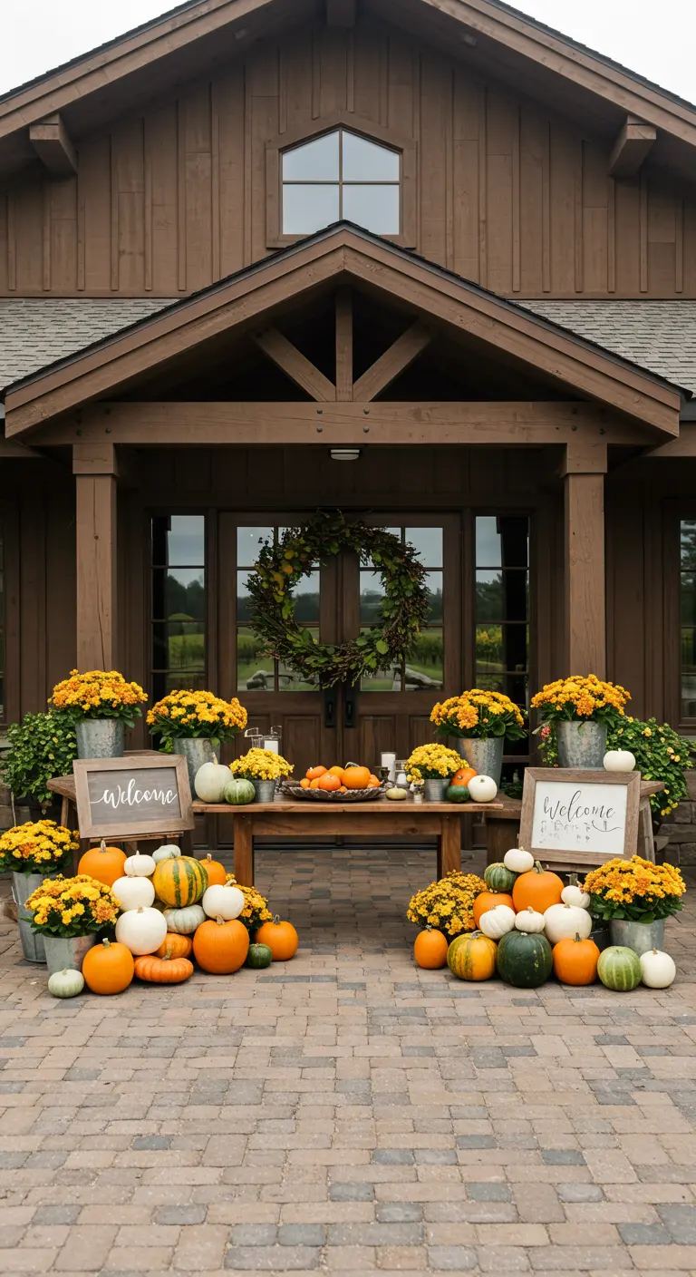 Entrée de maison décorée avec des citrouilles, des chrysanthèmes et des panneaux de bienvenue.