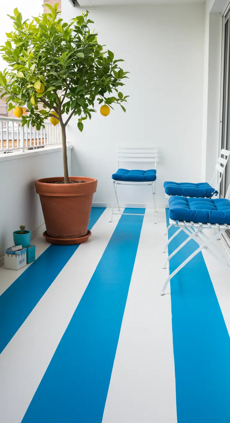 Balcon avec un sol peint en larges rayures bleues et blanches et un mobilier blanc.