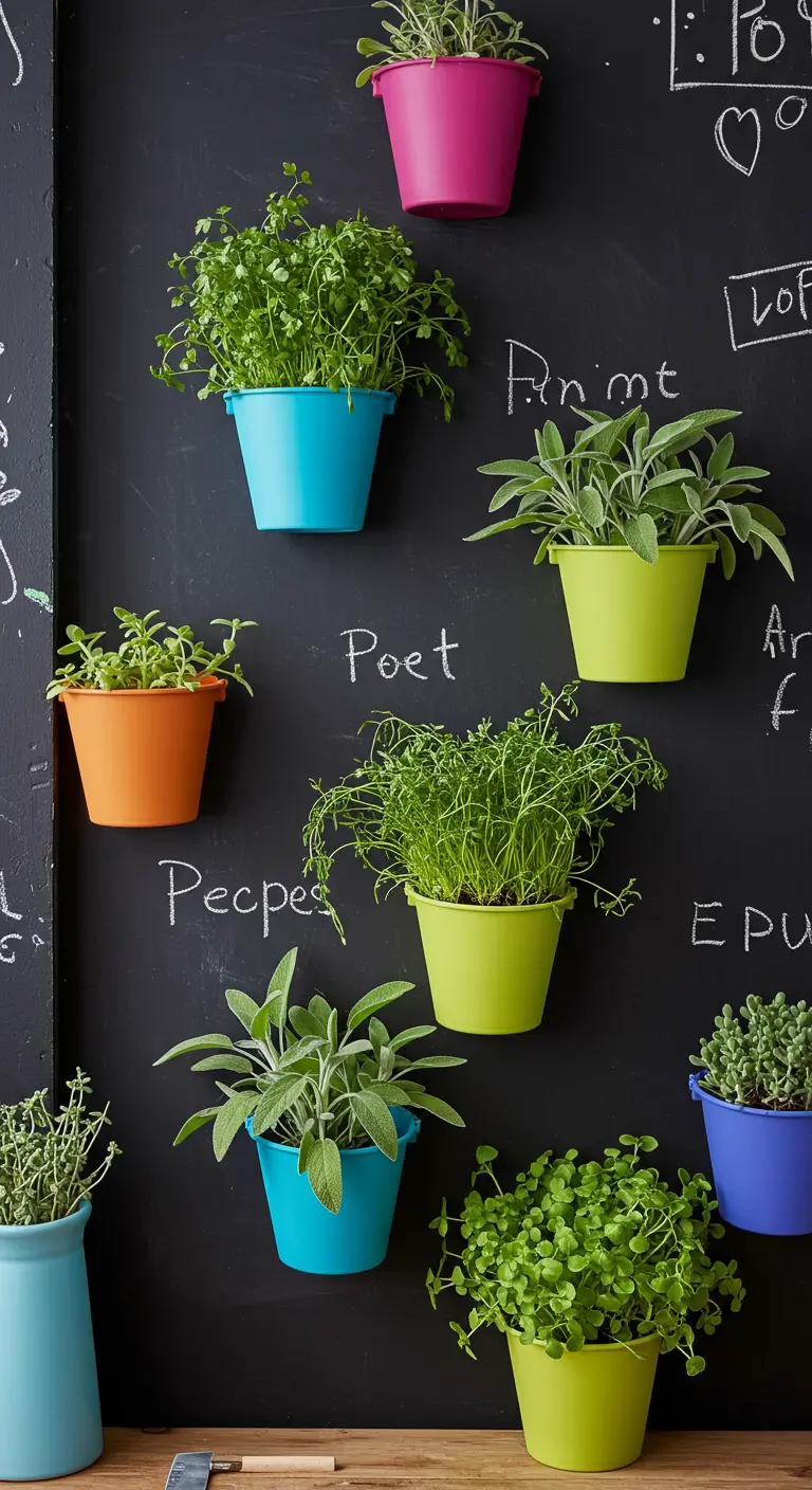 Pots colorés fixés sur un mur tableau noir avec des dessins à la craie et diverses herbes.