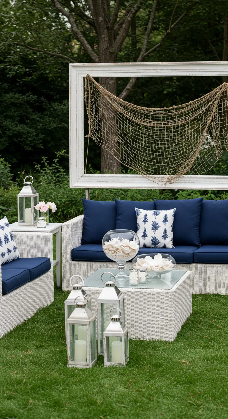 Cadre de tableau suspendu derrière un canapé de jardin, avec un filet de pêche à l'intérieur.