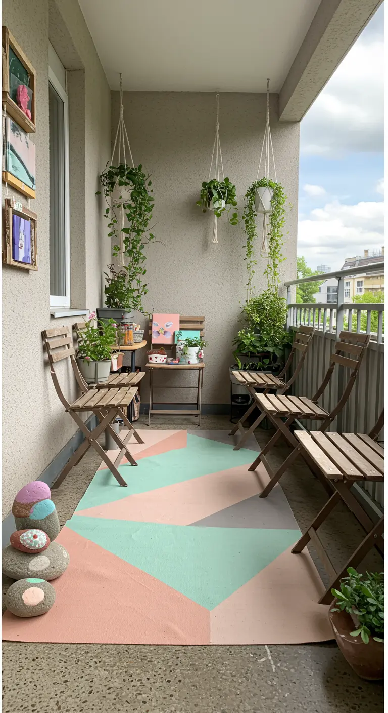 Sol de balcon peint avec un motif géométrique rose, turquoise et blanc.