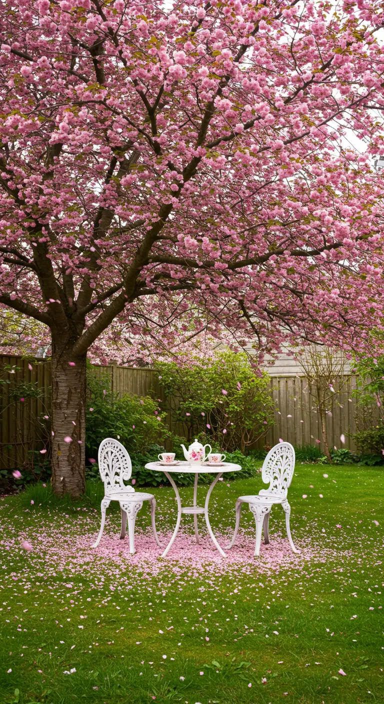 Table et chaises de bistrot blanches sous un cerisier en fleurs.