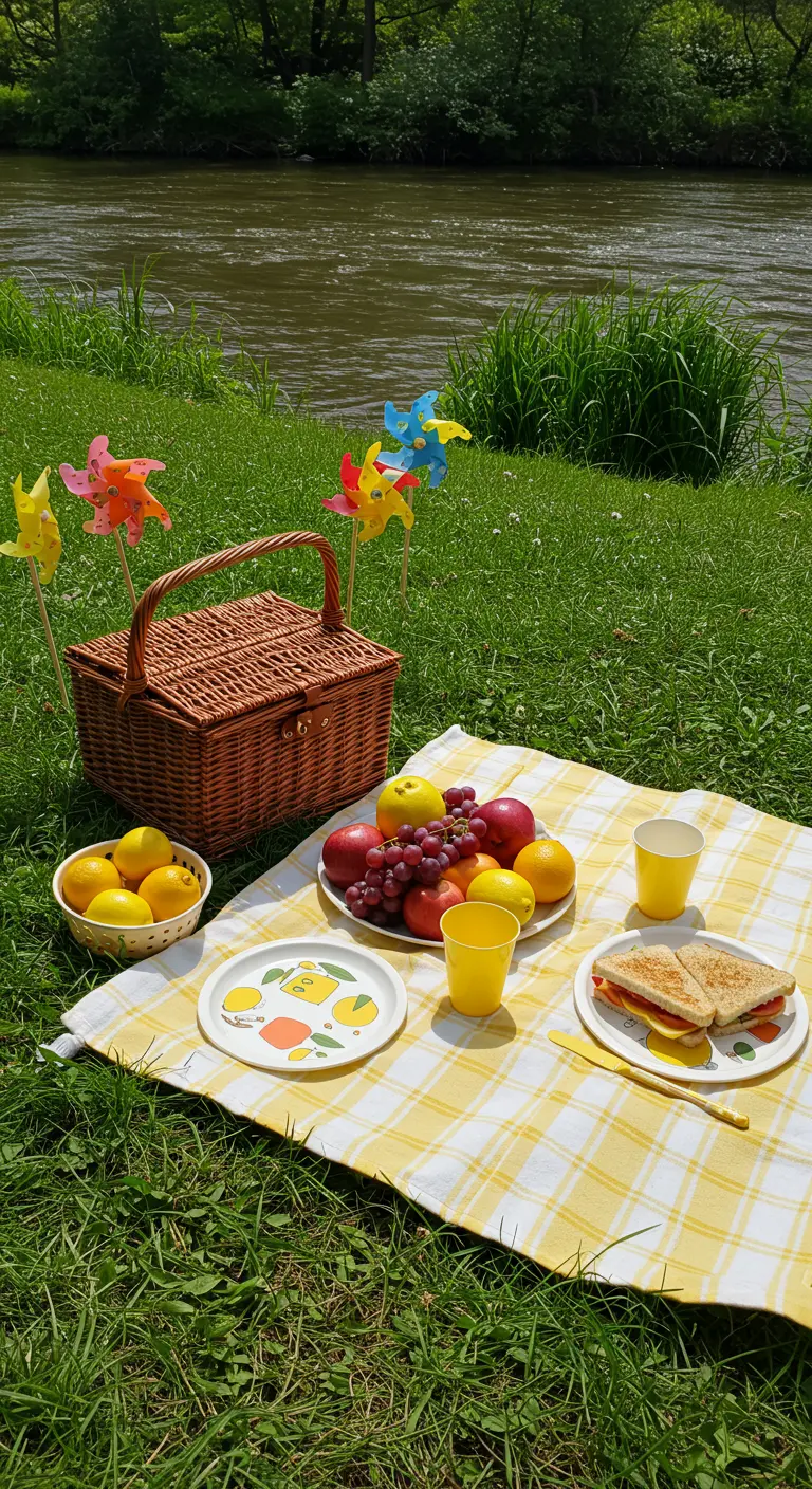 Pique-nique coloré avec des fruits frais et des moulinets à vent.