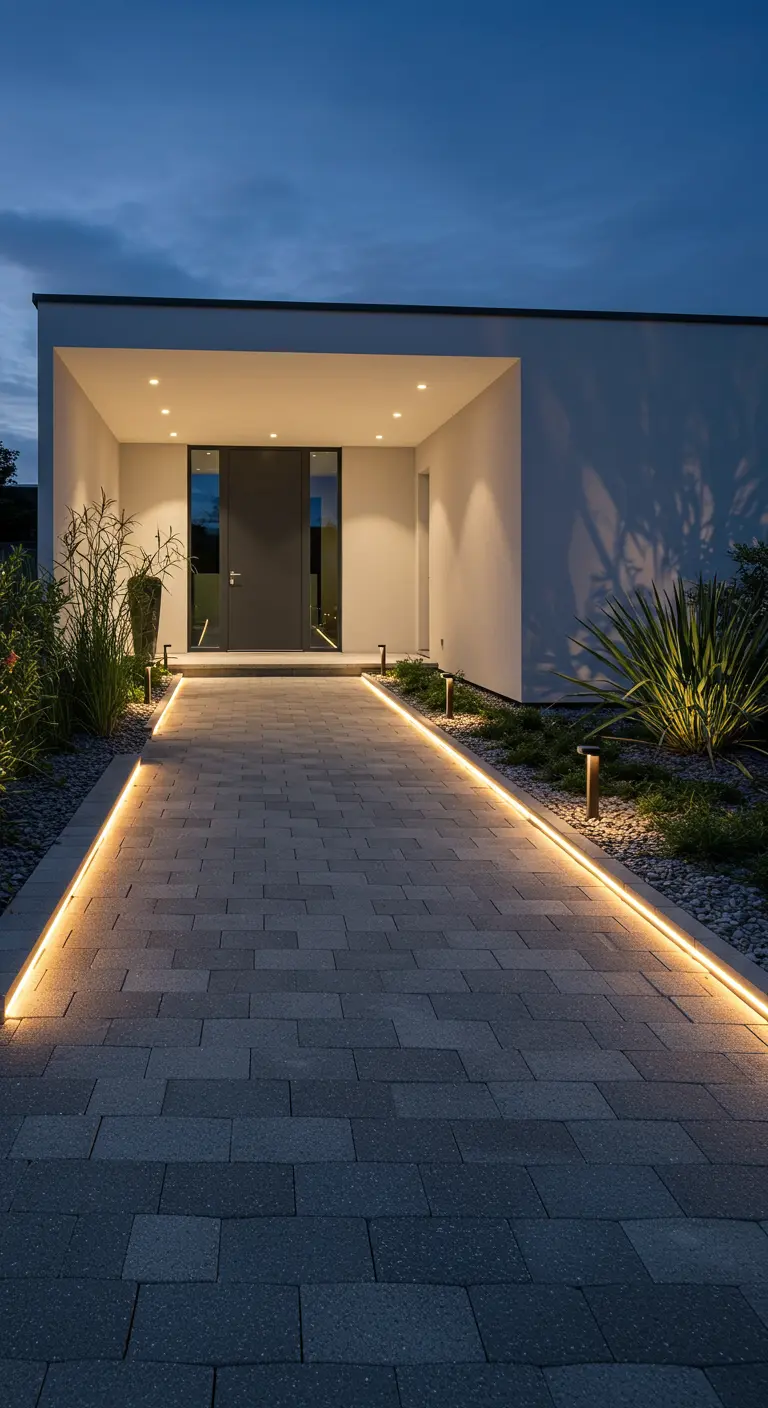 Allée pavée contemporaine avec bandes LED intégrées le long des bords.