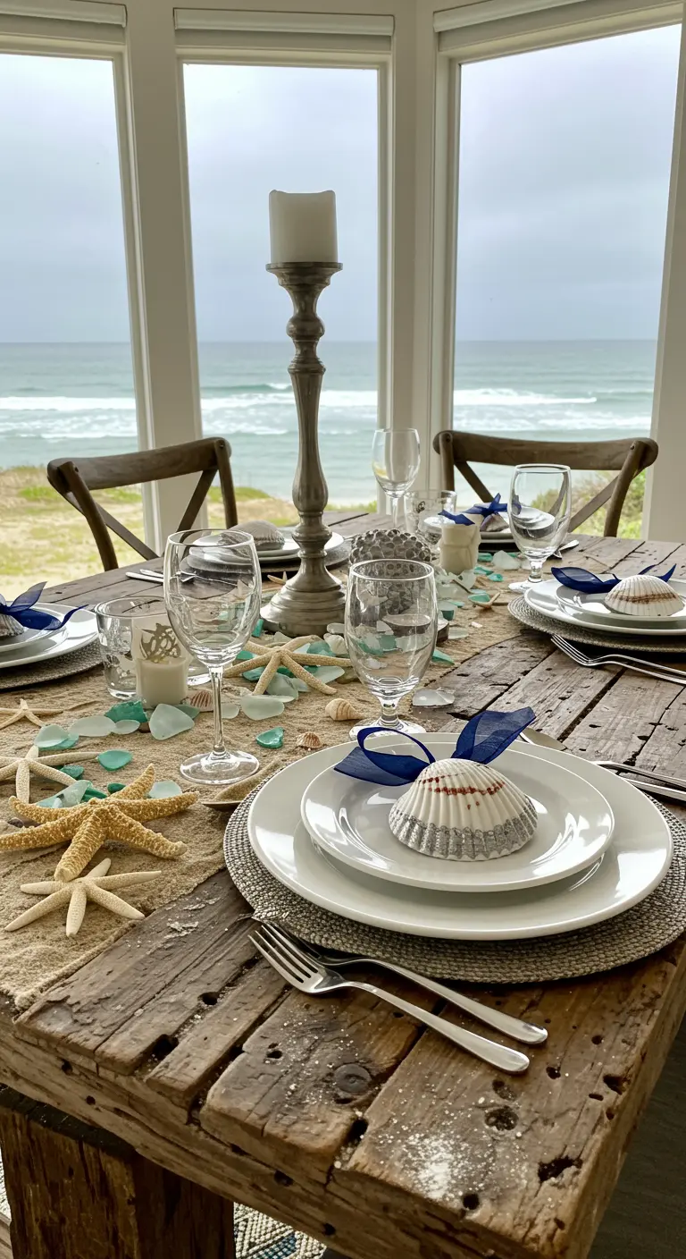 Table en bois face à la mer, décorée avec des coquillages et des étoiles de mer.