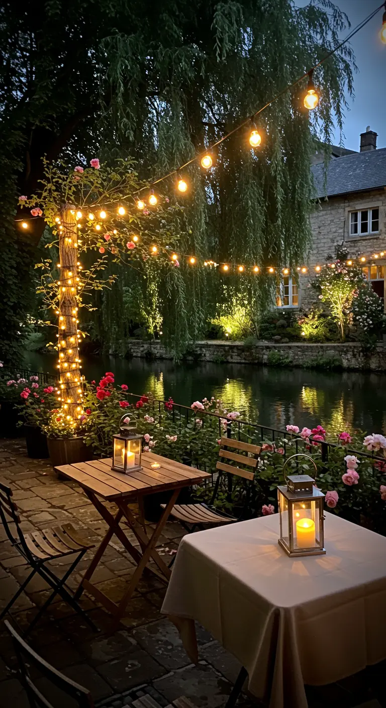 Terrasse au bord de l'eau avec un arbre lumineux et des lanternes sur les tables.