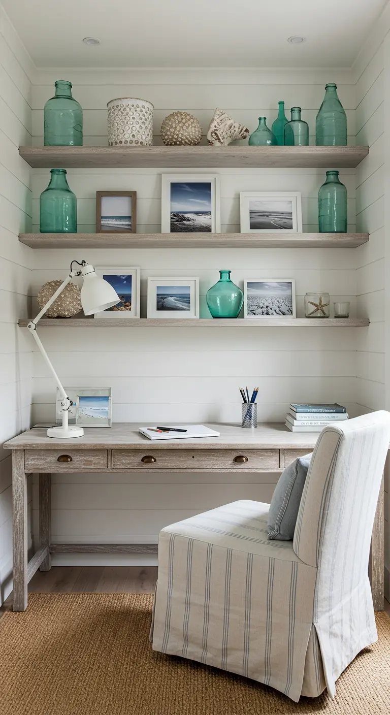 Bureau en bois blanchi avec des étagères décorées de verrerie bleue et d'objets marins.