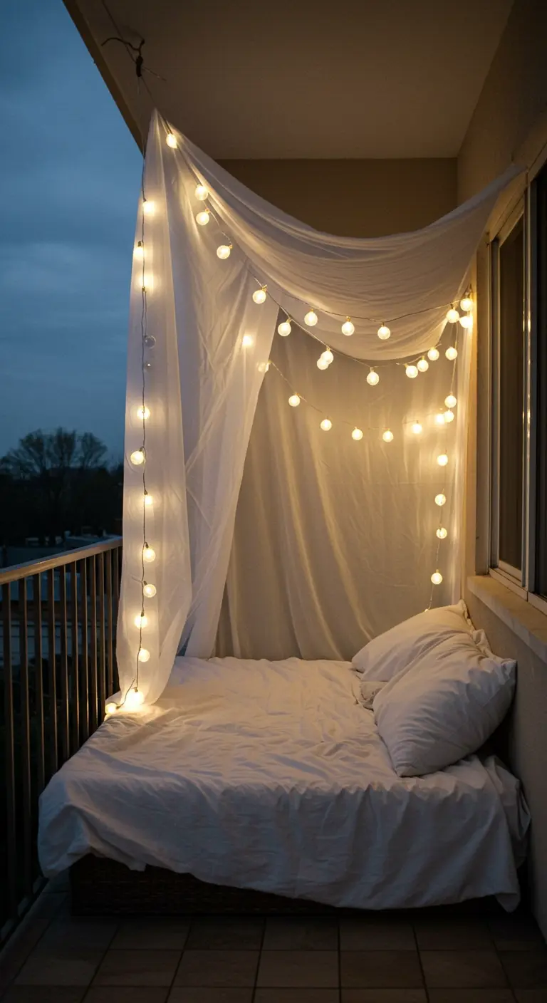 Lit sur un balcon abrité par un baldaquin de voilages blancs et de guirlandes.