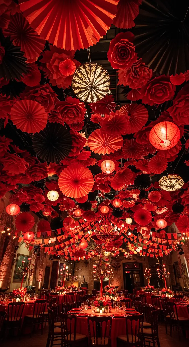 Plafond entièrement couvert d'éventails, de lampions et de fleurs en papier rouge.