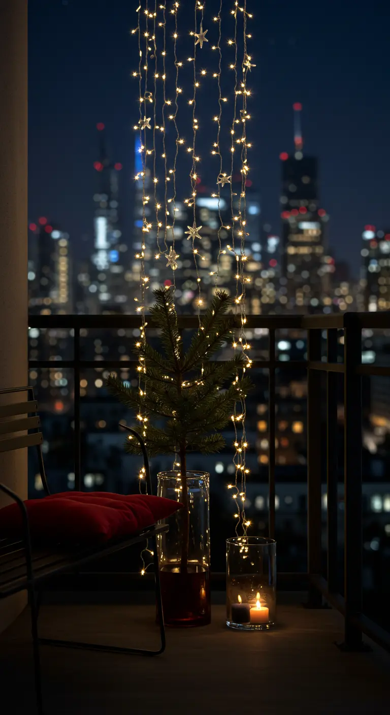 Balcon urbain la nuit avec un rideau de lumières étoilées et un petit sapin.