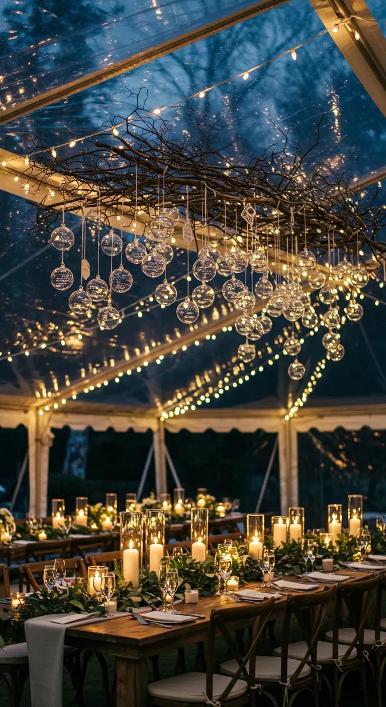 Des boules de verre suspendues au plafond avec des lumières au-dessus d'une table.