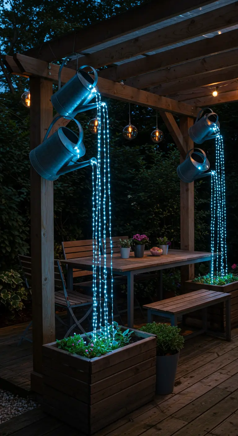 Arrosoirs suspendus déversant des cascades de guirlandes lumineuses dans des jardinières.