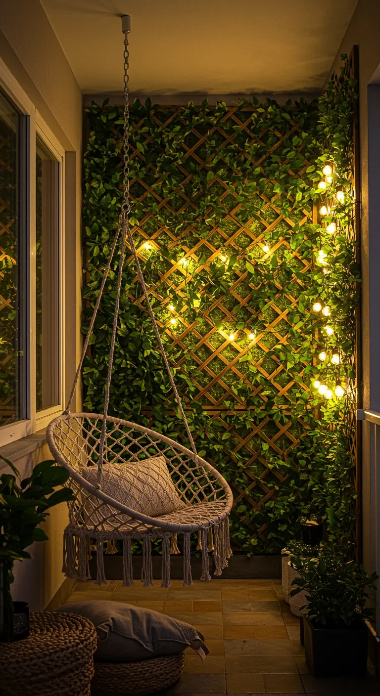 Fauteuil suspendu en macramé devant un mur de verdure illuminé par des guirlandes.