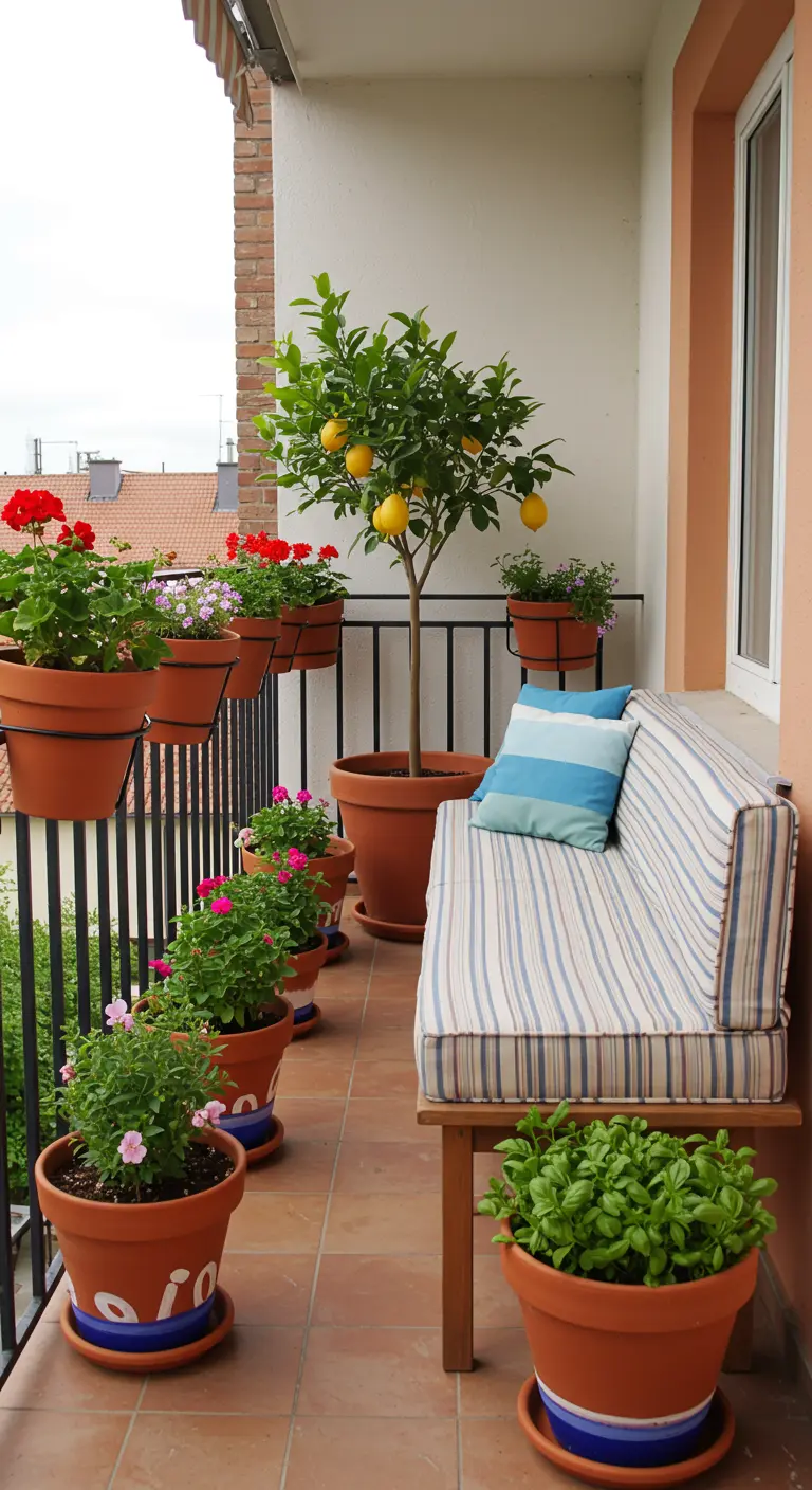 Banc de balcon avec coussins rayés, entouré de nombreux pots de fleurs en terre cuite.